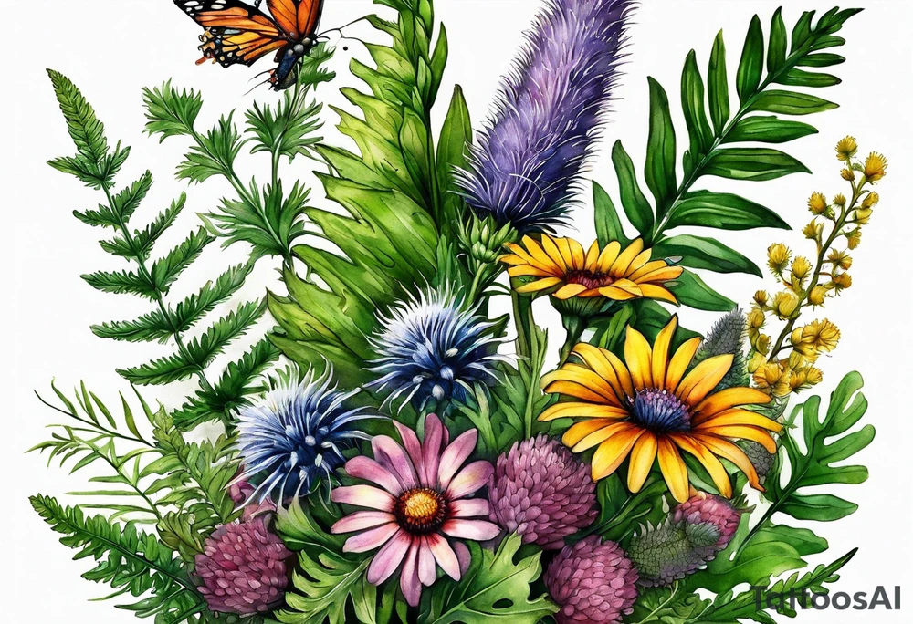 small vertical mixed wildflower bouquet with ferns, thistle and with color tattoo idea