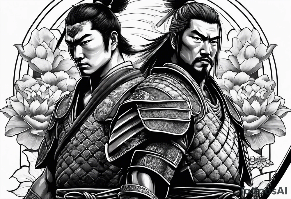Samurai warrior and spartan warrior facing off, include lotus flowers in the background, both warriors should appear aggressive looking ready for battle,  turn this into a forearm sleeve tattoo idea