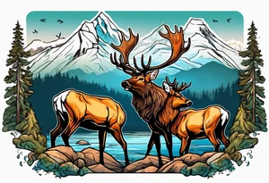 two elk fighting with mountains and stream in background tattoo idea