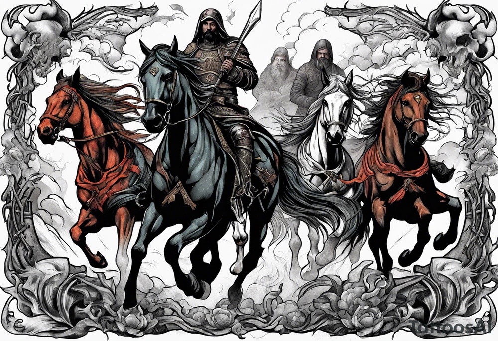 4 horseman of the apocalypse - Death, Famine, War, and Conquest from the bible tattoo idea