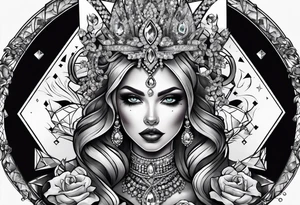 Fancy queen zombie diamonds and gemstones full sleeve tattoo idea