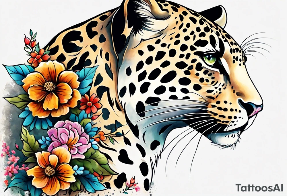leopard body made out of vintage floral flowers tattoo idea