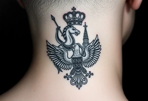 St. George slaying the dragon (hugely common in Russian Orthodox art)
Russian imperial crown above the eagle
Crossed swords or a Russian sabre
The Kremlin or St. Basil's Cathedral scene tattoo idea