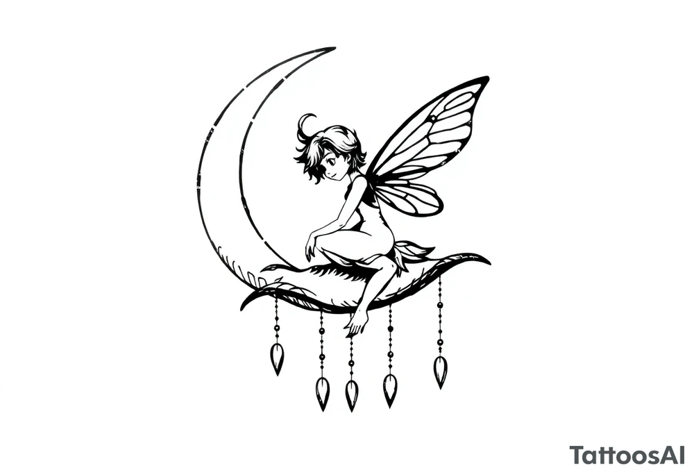 Solid black tattoo of a Fairy sitting on moon with dangles. tattoo idea