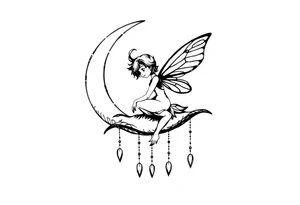 Solid black tattoo of a Fairy sitting on moon with dangles. tattoo idea