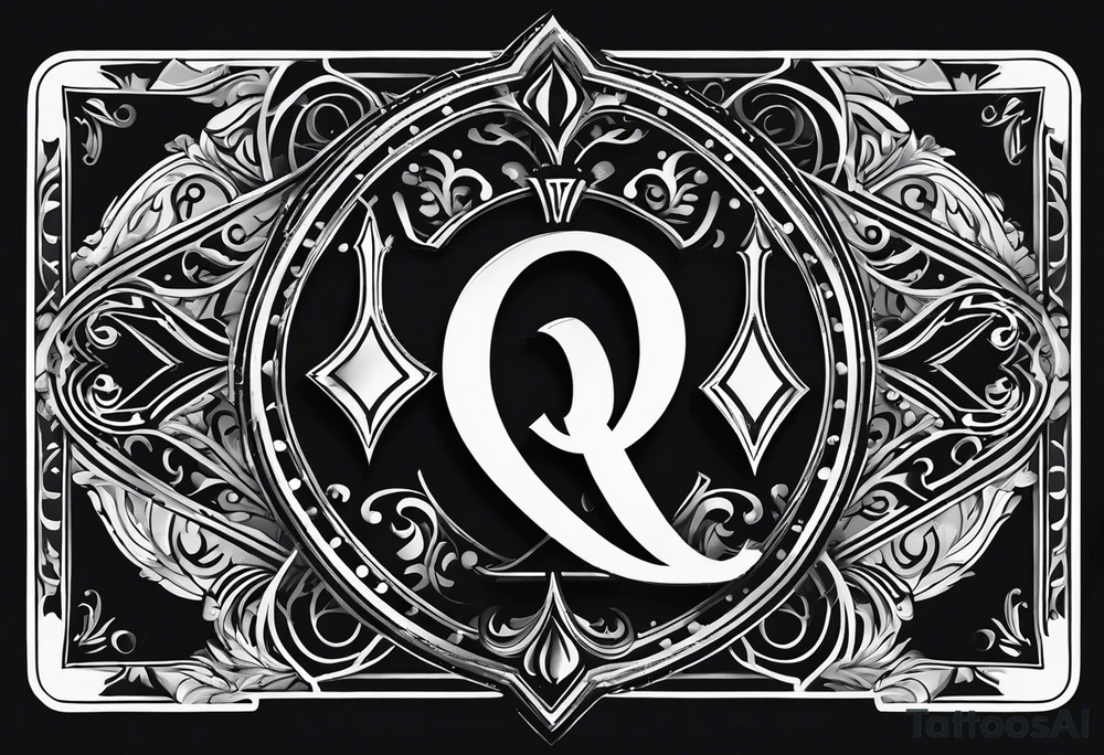 This image shows a spade symbol (similar to the spades in a deck of playing cards), with a white uppercase letter "Q" in the center. tattoo idea