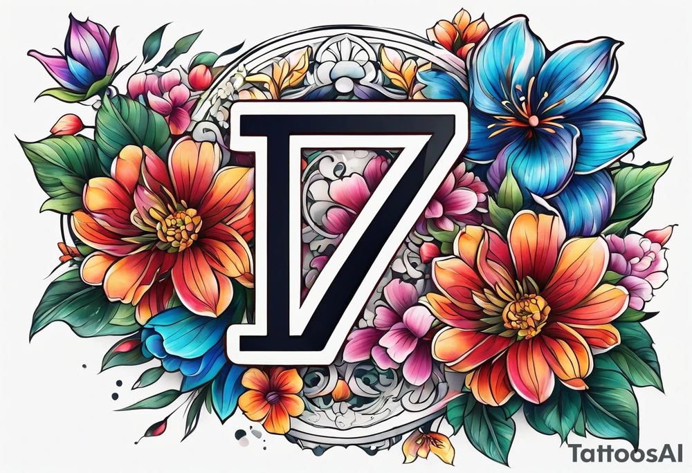 The number seven surrounded by colorful flowers tattoo idea