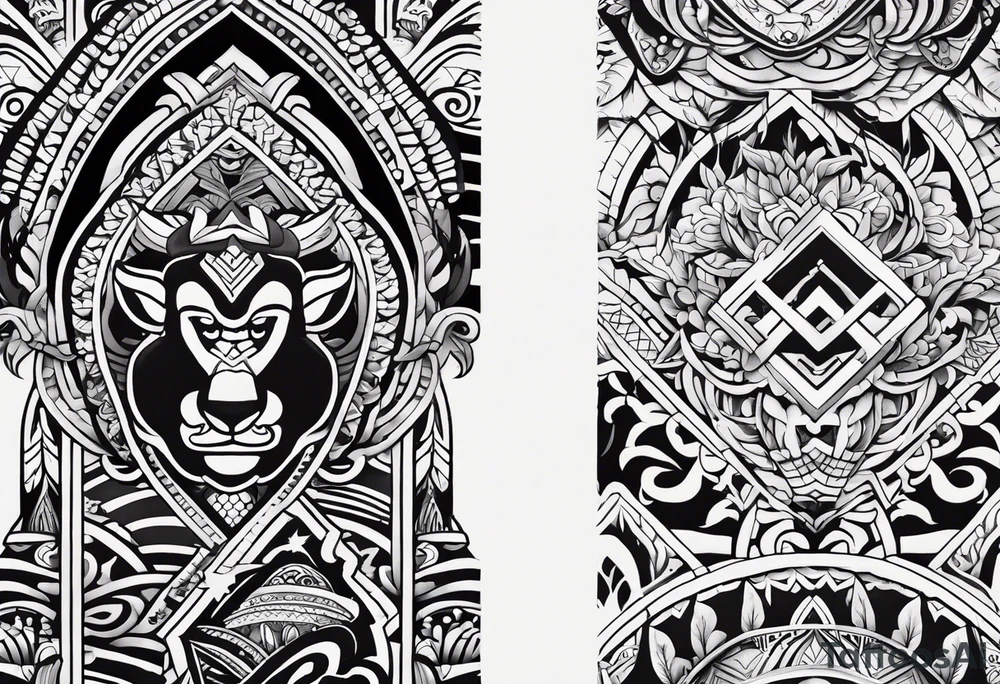 create a tattoo of tribal art pattern for a calf with influence from Japan, Haiti, and Denmark tattoo idea