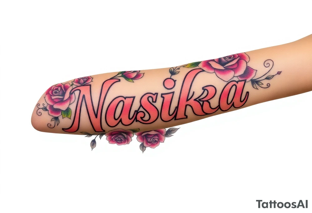the word Nashika with roses surrounding tattoo idea
