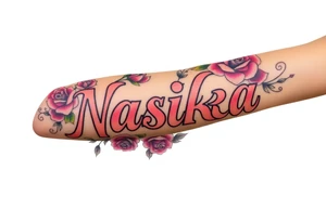 the word Nashika with roses surrounding tattoo idea