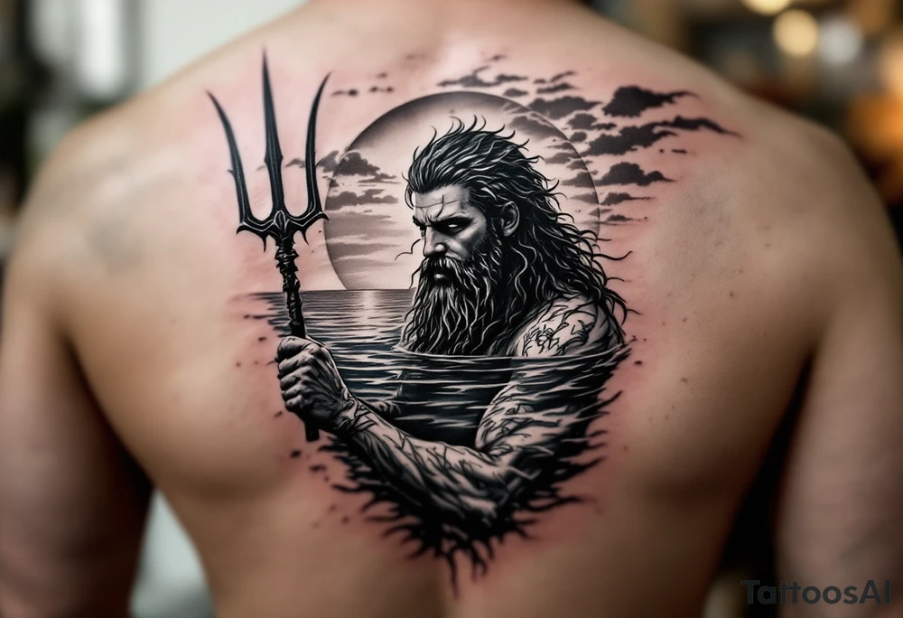 Poseidon half way under calm water with trident at sunset tattoo idea