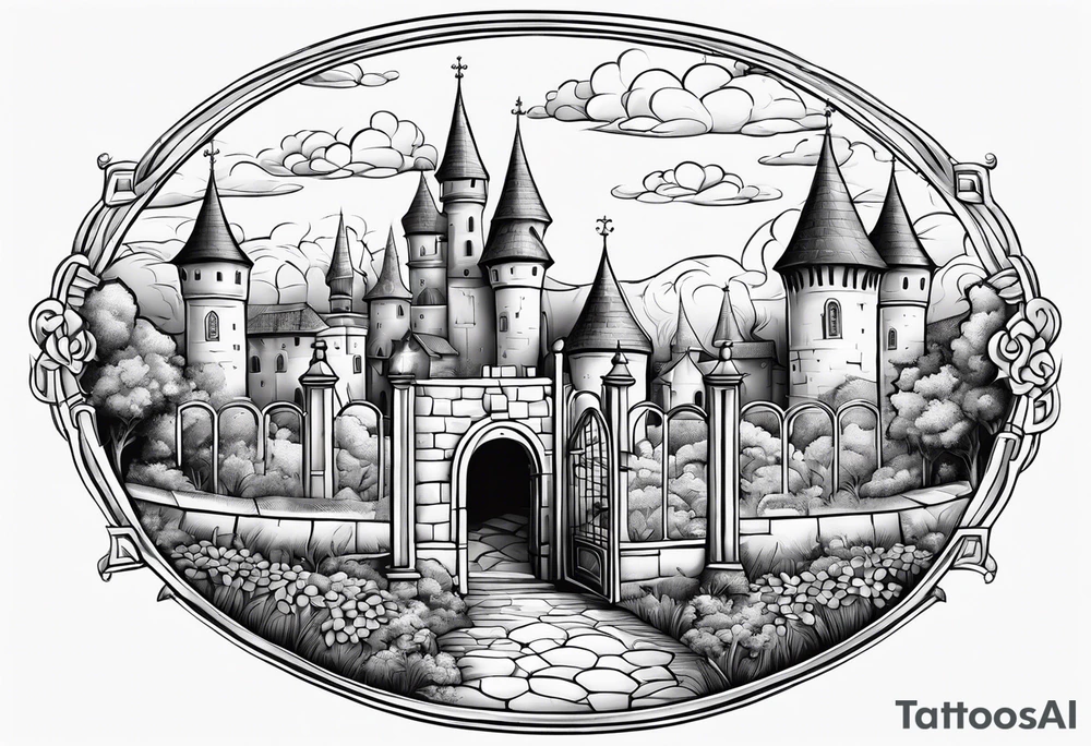 sky medieval town garden with towers small houses gate entrance 
 in rounded vignette surrounded by clouds tattoo idea