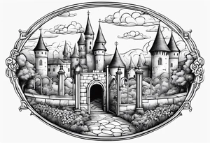 sky medieval town garden with towers small houses gate entrance 
 in rounded vignette surrounded by clouds tattoo idea