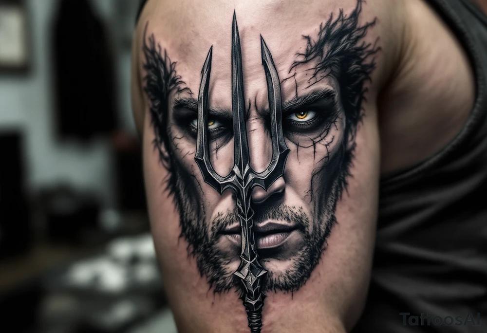 close-up face behind a trident tattoo idea