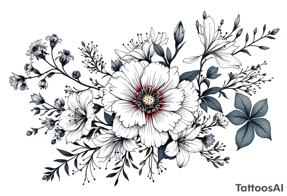 Carnation, Snowdrop, Larkspur, Water Lily, Daffodil, Clover tattoo idea