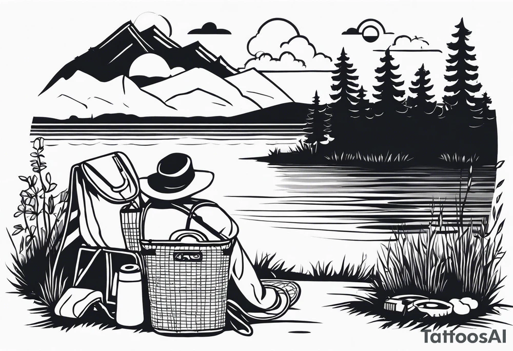 Very minimalstic picnic scene in nature by a lake, with trees and bushes. A blanket on the ground with one picnic-basket with lid, one backpack, one old speaker and 2-3 pillows to sit on and tennants. tattoo idea