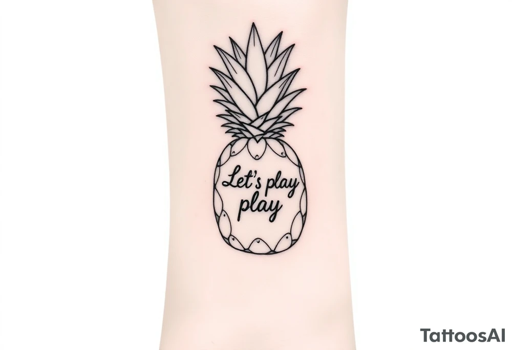 A black ink wrist tattoo featuring a realistic yet minimalistic pineapple. The pineapple is finely detailed with clean, precise lines, capturing the natural texture of the fruit while keeping the design subtle and uncluttered. Inside the body of the pineapple, the phrase "Let's play" is clearly placed in a bold but not overly thick font, ensuring readability while maintaining balance with the overall design. The leaves of the pineapple have a fine-line style with slight variations in thickness for a natural feel. The tattoo blends fine details with subtle bold elements, creating a clean and modern aesthetic. tattoo idea