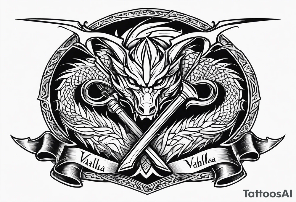 Valhalla sword shield dragon axe tattoo idea