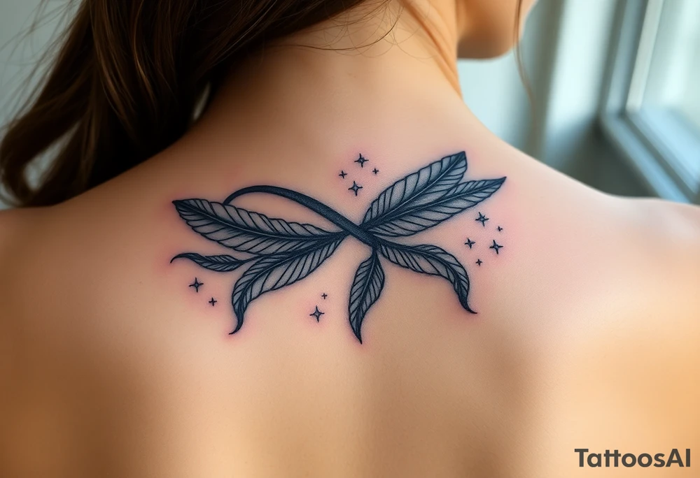 infinity symbol woven with floating feathers and stardust tattoo idea