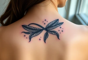 infinity symbol woven with floating feathers and stardust tattoo idea