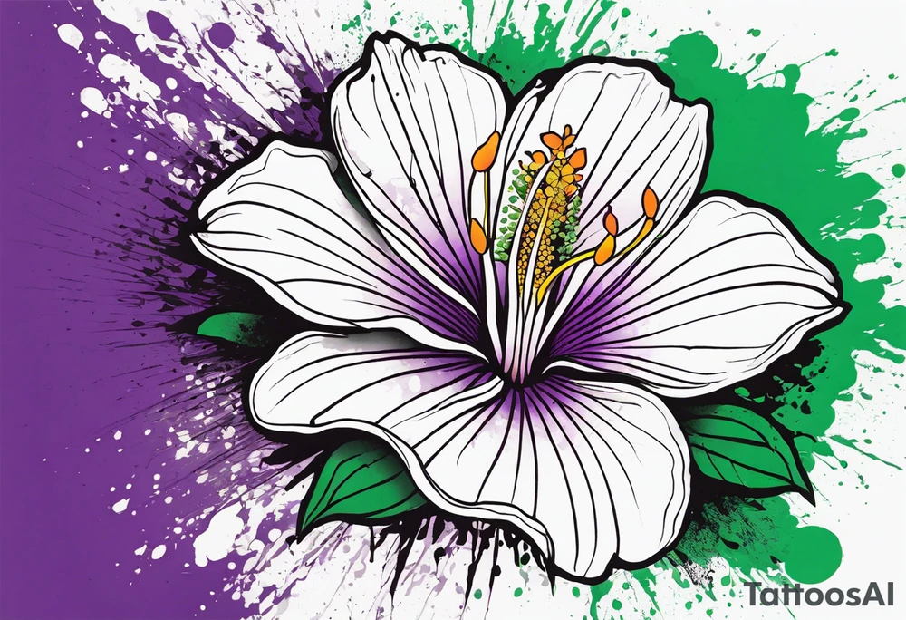 An outline of a rio dipladenia flower with a splatter green and purple background tattoo idea