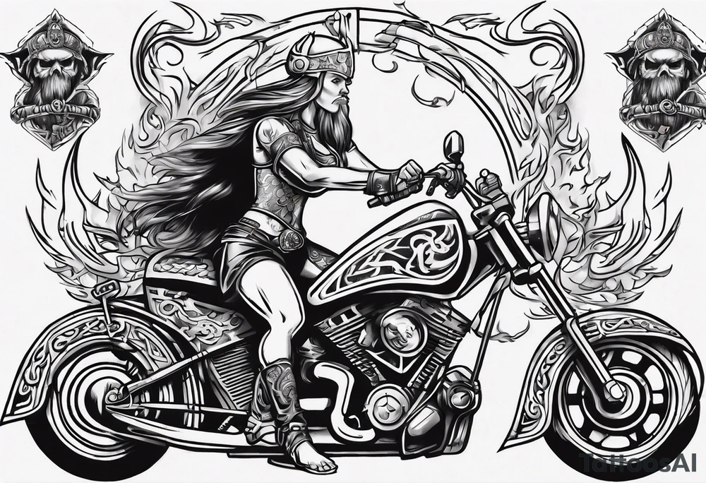 I want a detailed tattoo of a viking and a girl working on a motorcycle surrounded by flames with the company name “Viking Customs” incorporated in the design tattoo idea