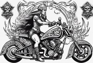 I want a detailed tattoo of a viking and a girl working on a motorcycle surrounded by flames with the company name “Viking Customs” incorporated in the design tattoo idea
