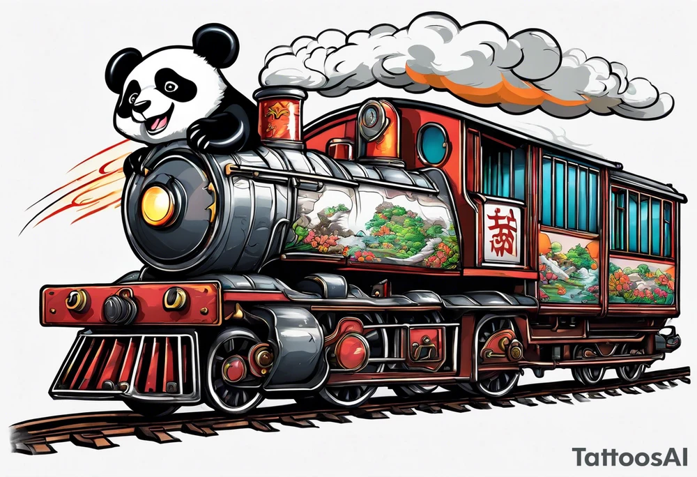 panda riding on a train tattoo idea