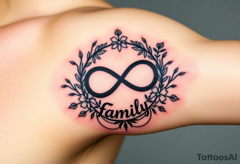 An infinity symbol surrounded by a wreath of wildflowers, with the word "family" flowing beneath tattoo idea