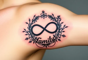 An infinity symbol surrounded by a wreath of wildflowers, with the word "family" flowing beneath tattoo idea