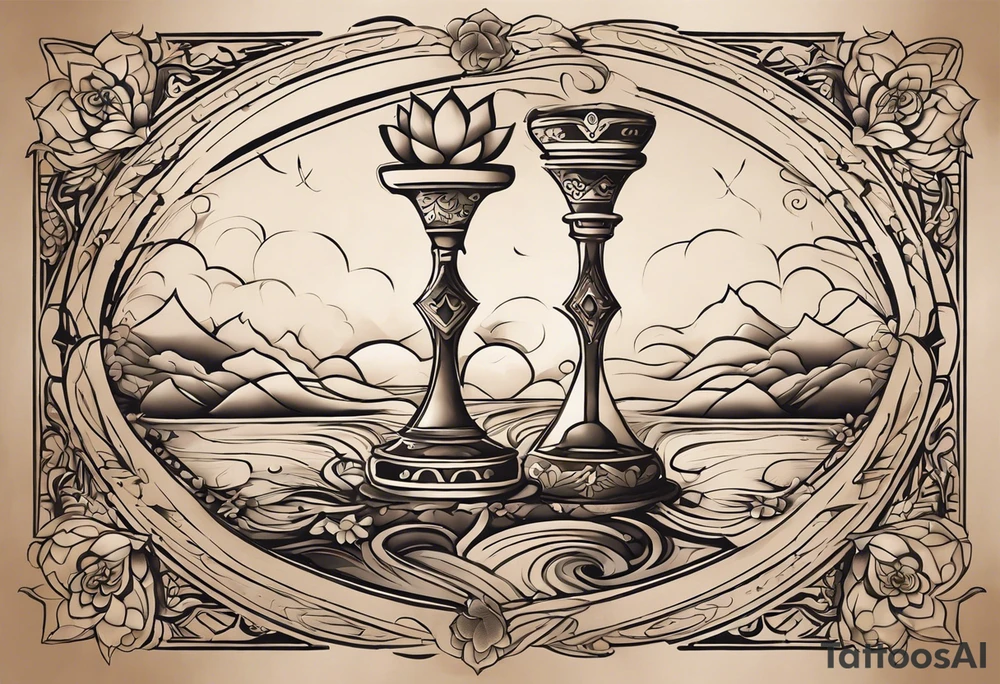 Tattoo Design Instructions:

Central Hourglass: Place in the middle; dark sand at the top, light sand flowing down.
Lotus Flower: Grow from the base of the hourglass, symbolizing growth from hardship.
Family Scene: On one side, depict two boys holding hands, looking up at a larger protective mother figure.
Betrayal Symbolism: Add a broken chain near the hourglass's bottom; a rising phoenix beside it.
Pathway of Growth: A path with stepping stones leading upwards; include a koi fish, crane, and yin-yang symbols.
Asian Elements: Scatter cherry blossoms, waves, and wind patterns; add Kanji for key values like "loyalty" and "strength."
Color and Style: Use black and grey with hints of pink, white, and orange.
Placement: Best as a sleeve or back piece for full detail and flow. tattoo idea