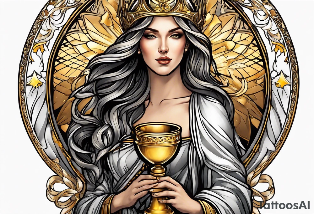 woman saint holding chalice surrounded by golden halo sideways tattoo idea