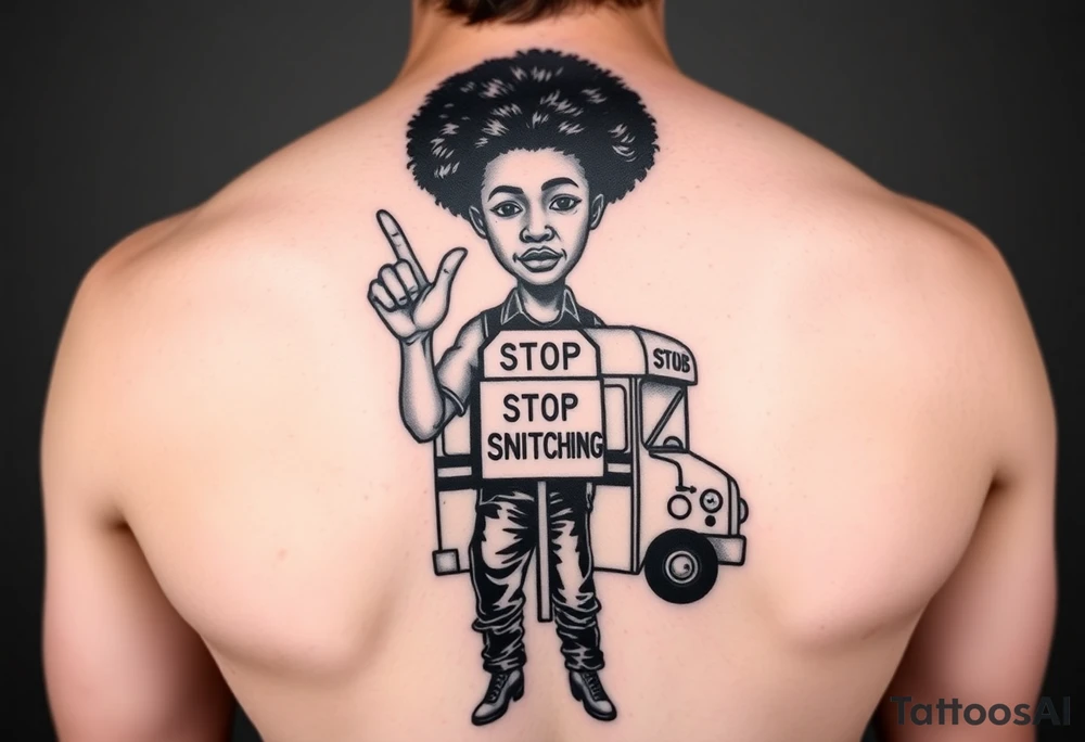 an african american with an afro making a T with his hands standing in front of a short bus with a stop sign that says STOP SNITCHING tattoo idea