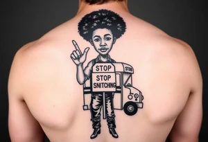 an african american with an afro making a T with his hands standing in front of a short bus with a stop sign that says STOP SNITCHING tattoo idea