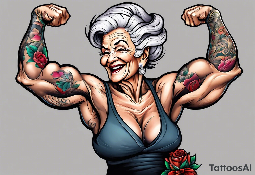 Muscular old lady showing off muscles. tattoo idea