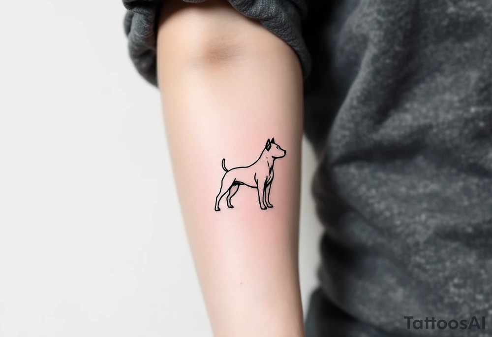 Minimalist black-line pitbull silhouette, standing proudly, clean lines only, no shading, perfect for a subtle tattoo. tattoo idea