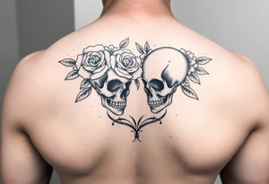 Feminie floral couple love tattoo with skulls tattoo idea