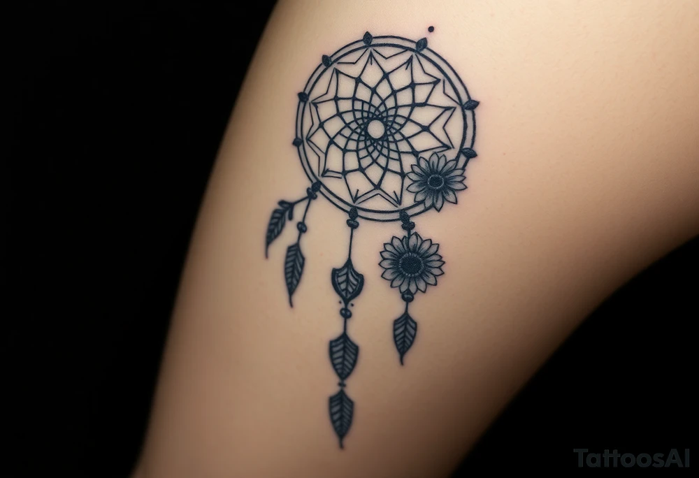 Dreamcatcher with zodiac symbols and protection runes caught in it with tigerlillies roses and sunflowers tattoo idea