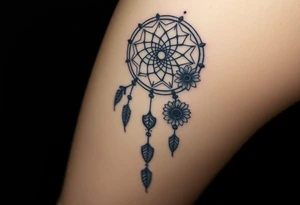 Dreamcatcher with zodiac symbols and protection runes caught in it with tigerlillies roses and sunflowers tattoo idea
