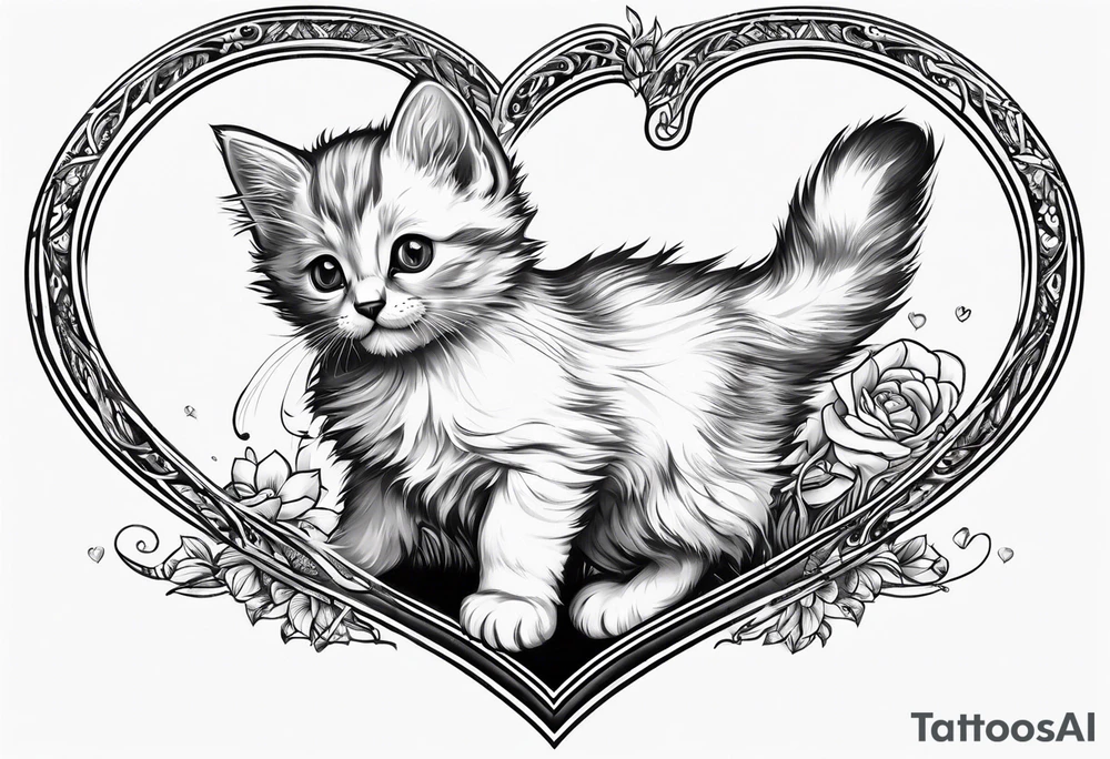 Cute kitten jumping over a heart full body tattoo idea