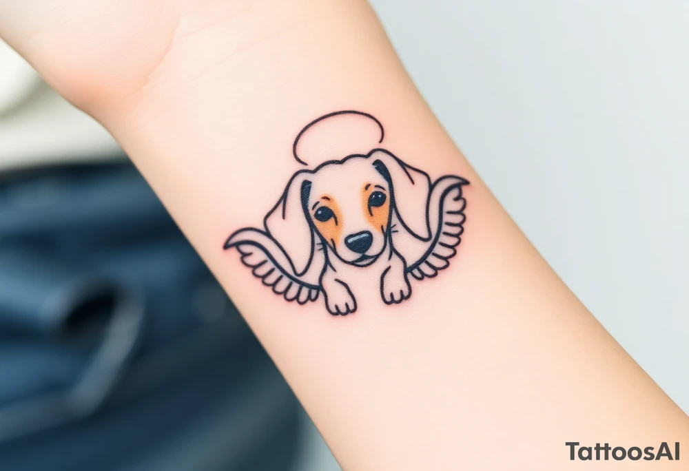 Dachshund ears inside wings with a halo above tattoo idea