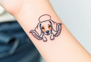 Dachshund ears inside wings with a halo above tattoo idea