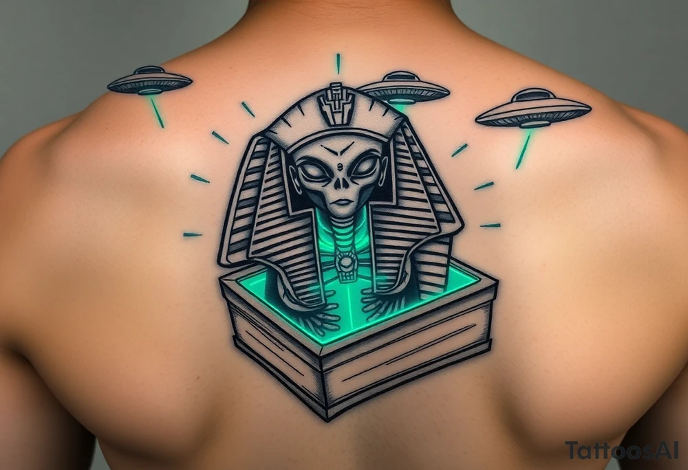 "Pharaoh's sarcophagus opening to reveal a grey alien. Instead of organs: glowing crypto wallets. Floating UFOs are shaped like Chevy Impalas (lowrider style).  

Style: Neo-traditional tattoo with glitch effects. Colors: turquoise/black/neon green." tattoo idea