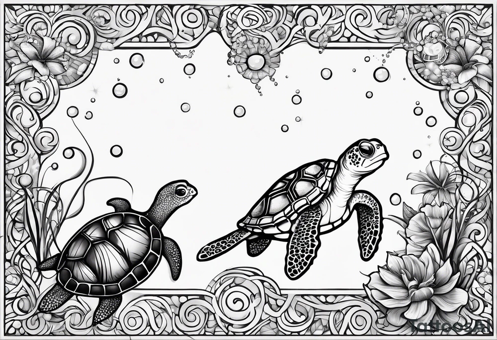 Small Starfish, Seahorse and turtle in a vertical line with bubbles tattoo idea