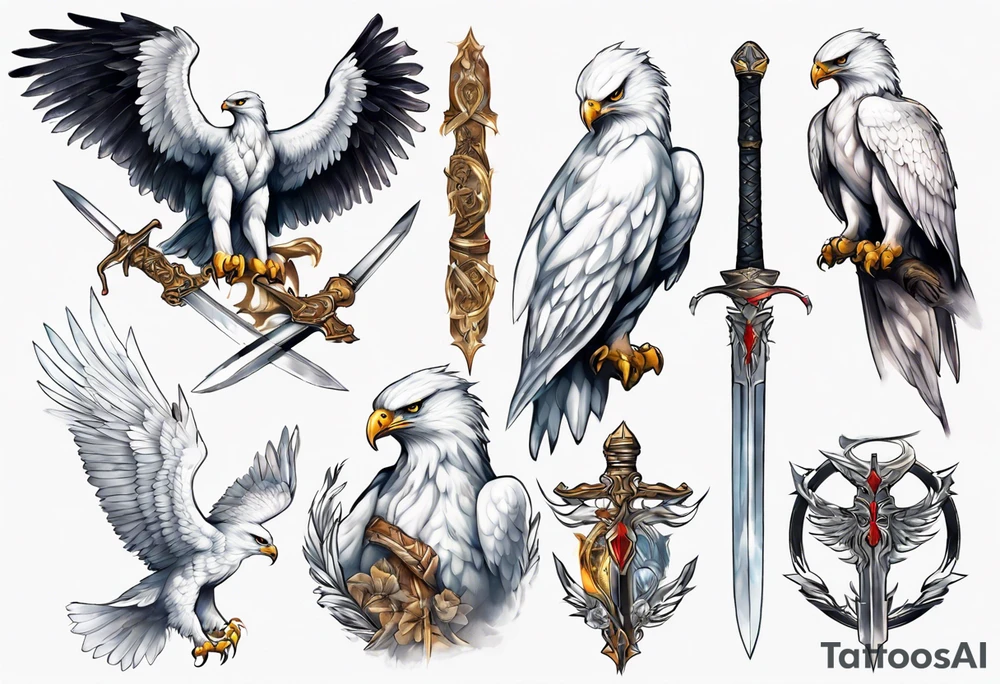 A white hawk holding a sword tattoo idea