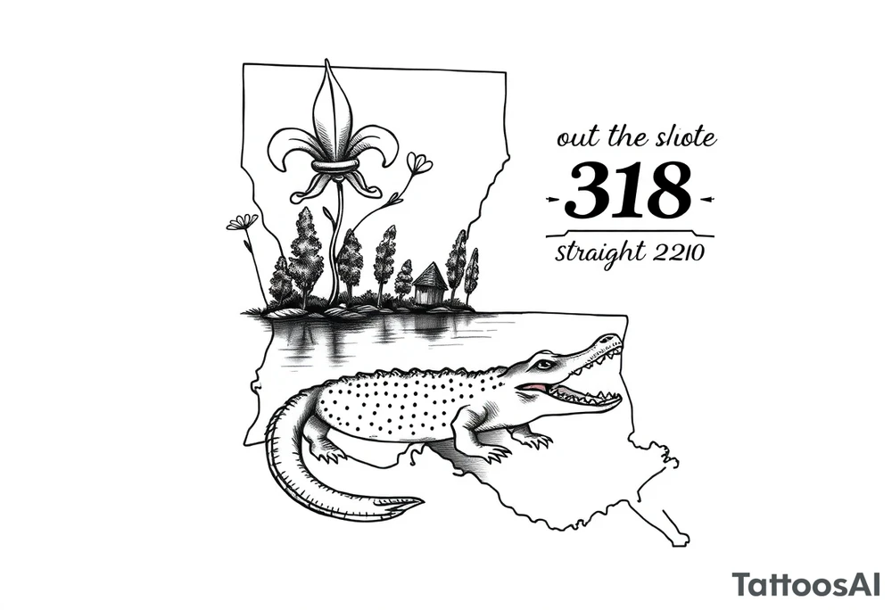 Louisiana state outline with fleur-de-lis, a bayou with a gator and trees , the 318 area code and and quote that says  Out the dirt, out the water, straight from 318 , a sign that says I-20 tattoo idea