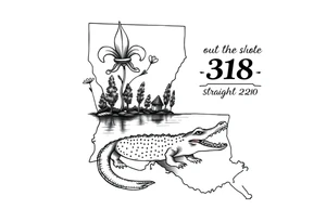 Louisiana state outline with fleur-de-lis, a bayou with a gator and trees , the 318 area code and and quote that says  Out the dirt, out the water, straight from 318 , a sign that says I-20 tattoo idea