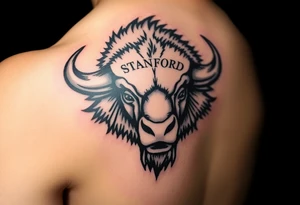 Powerful Buffalo head, charging face first into a snow storm, Stanford logo as a brand, on bicep shoulder. tattoo idea