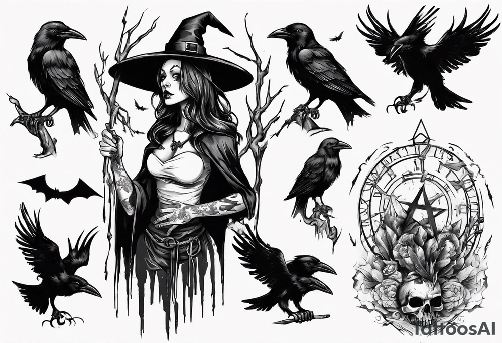 witch with crows tattoo idea