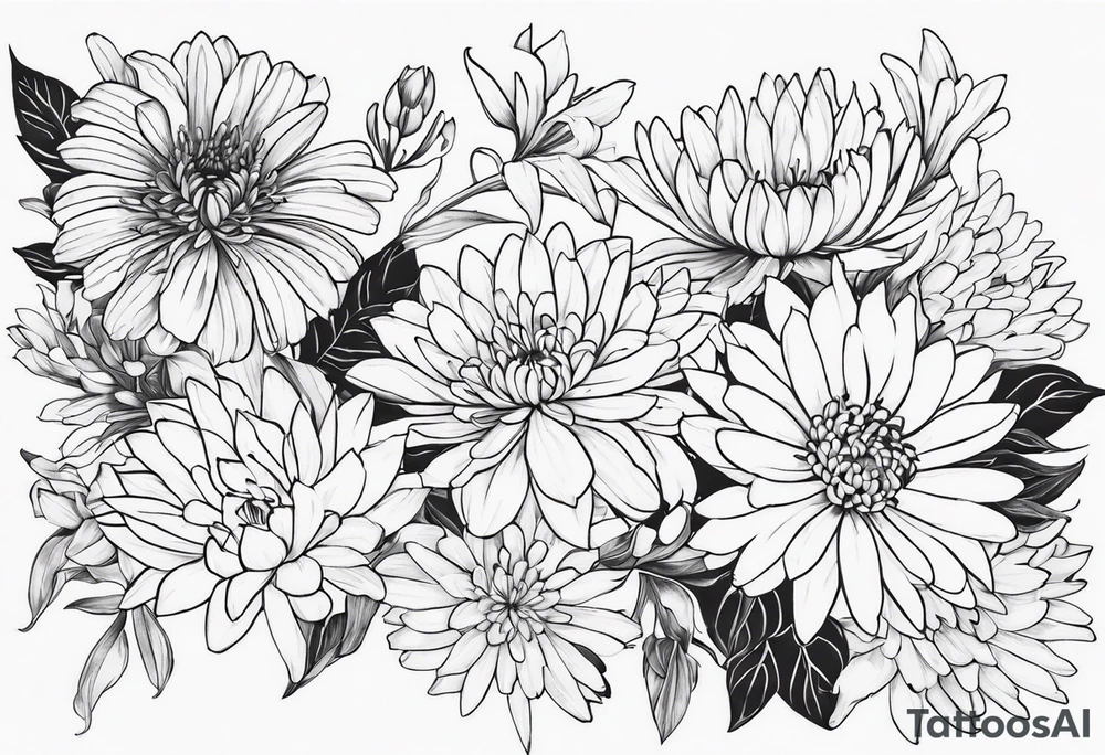 Asters, lillies, and chrysanthemums in a long line tattoo idea